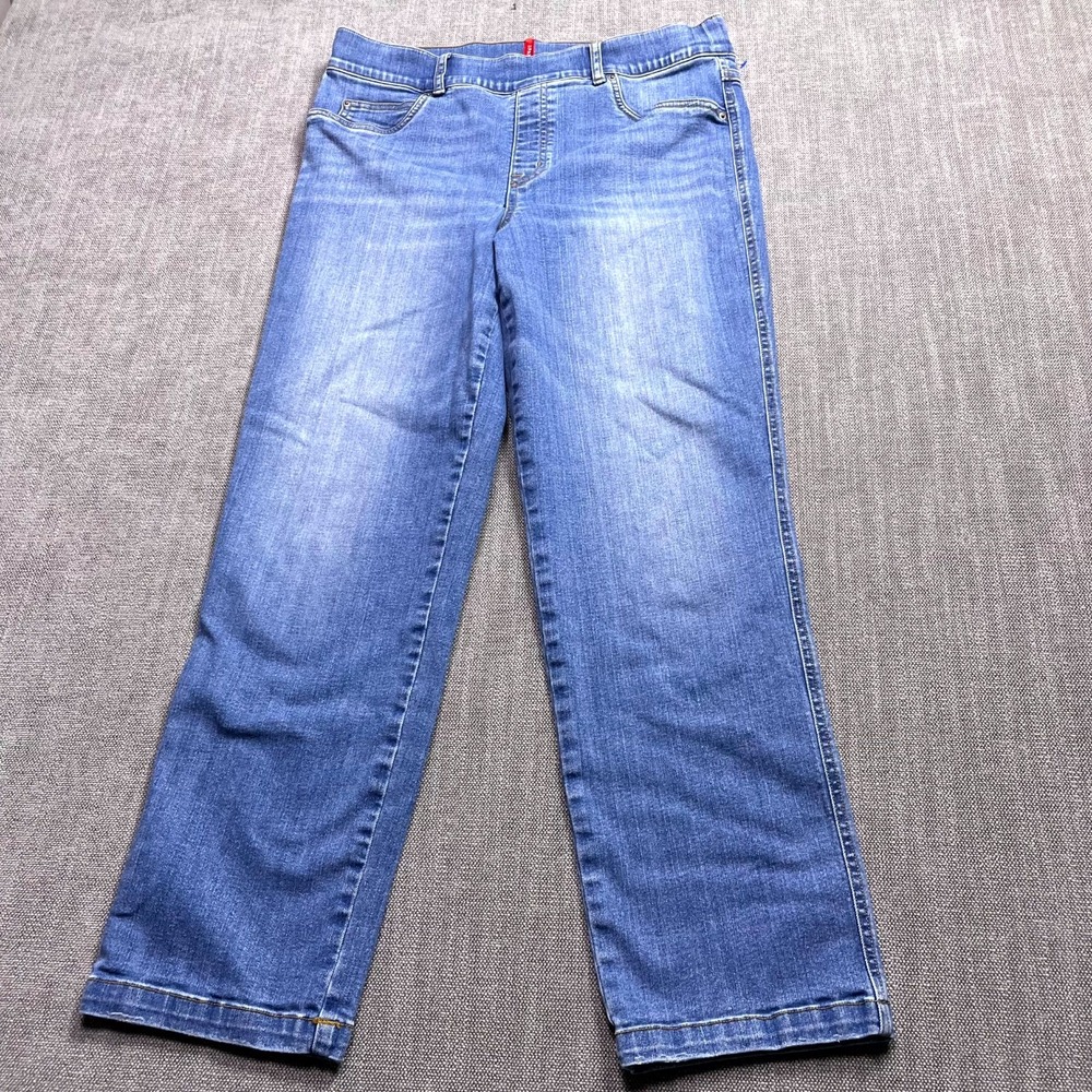 Spanx Pull On Straight Leg Jeans Womens XL Blue Whiskering Denim Relaxed Fit
